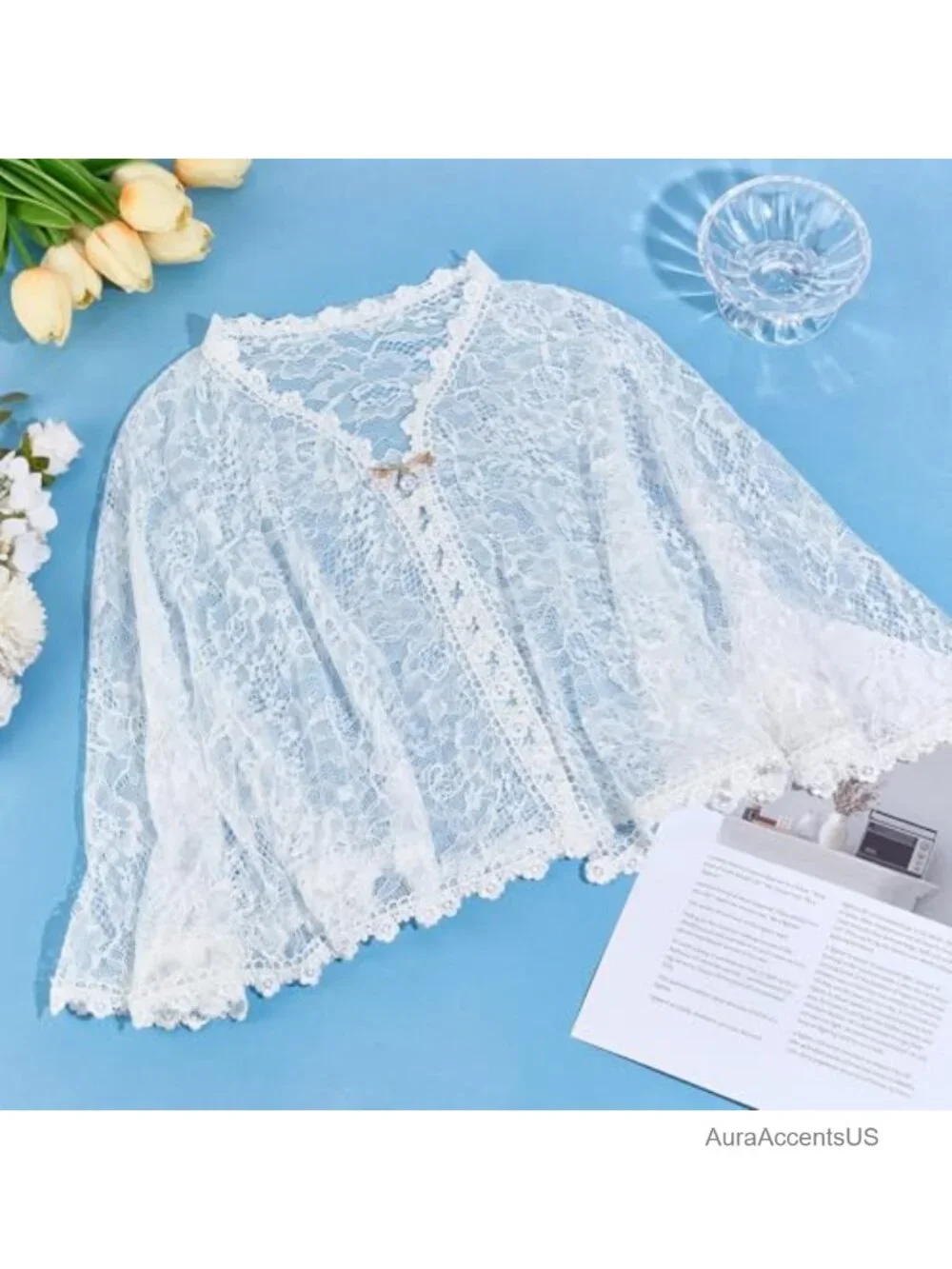 Lace Wedding Shawl Wrap with Pearl Button Elegant Bridal Cape for Evening Dress